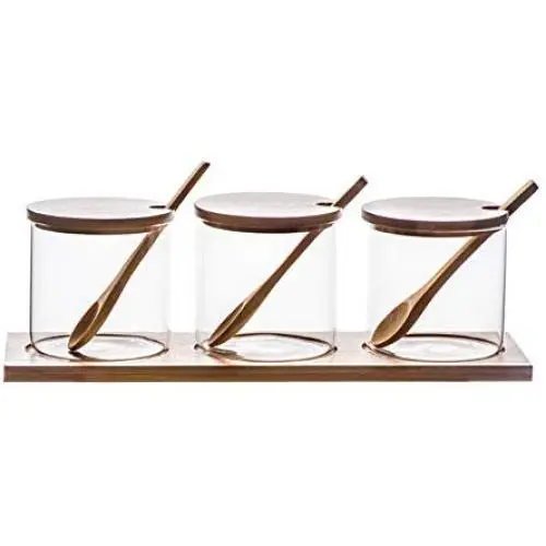 Danmu Glass Condiment Pots Bowls with Bamboo Lids, Spoon & Bamboo Base - Stylish Design Glass Storage Jar for Spices, Salt, Pepper, Coffee, Sugar, Seasoning, Ice Cream Toppings 300ML Danmu Glass Condiment Pots Bowls with Bamboo Lids, Spoon & Bamboo Base - Stylish Design Glass Storage Jar for Spices, Salt, Pepper, Coffee, Sugar, Seasoning, Ice Cream Toppings 300ML