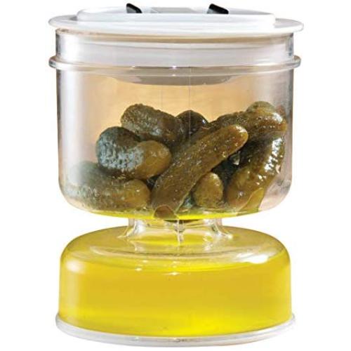 Kitchen Pickle Jar Storage Container | Simply Flip for Instant Straining | Easy Serving | Airtight Lid | 5 1/4" High x 4 1/2" Diameter.