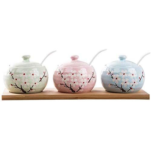 Ceramic Condiment Jar Set, Multi-purpose Spice Storage Canister With Wood Tray Lids Spoon Elegant Kitchen Condiment Pots