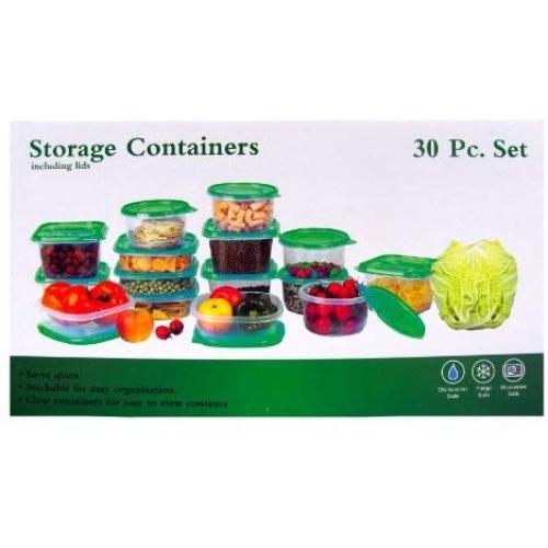 30 Piece Plastic Food Container Set - 15 Plastic Storage Containers with Green Lids