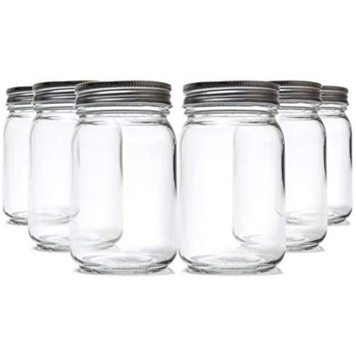 6 Glass Mason Jars with Lids: Jar Set for Food Storage, Pickling and Canning - Six Pack 16 Oz Jars