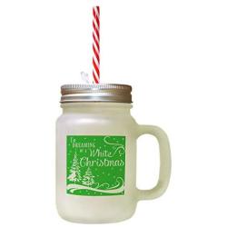 Green IM Dreaming Of A White Christmas Frosted Glass Mason Jar With Straw