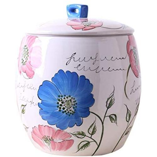 Large Food Storage Containers flowers Pattern with Lids Airtight Flour Container kitchen Storage Containers Jars Ceramic,Rustic Home Decor for Cereal Snacks Sugar 2.5L/5L/10L-Pink