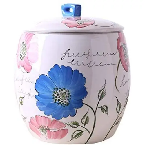 Contenants de stockage alimentaire en grande capacité avec motif floral, couvercles hermétiques, récipients en céramique, décoration rustique pour farine, céréales, sucre 2.5L/5L/10L – Rose