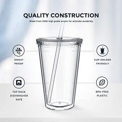 Maars Drinkware Bulk Double Wall Insulated Acrylic Tumblers with Straw and Lid (Lot of 24), 16 oz., Clear