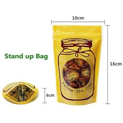 WISHDIAM Packaging Bags with Window Double Sided Yellow Ziplock Stand up Pouches with Clear Round Display Glass Jar Design 100pcs 4.0x6.0"