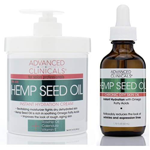 Advanced Clinicals Hemp Seed Oil Set with Cold Pressed Hemp Seed Oil. Hemp Facial oil (1.8oz) and Spa Size Hemp Seed oil cream for body and face (16oz)