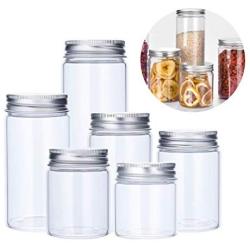 UPKOCH 6pcs Transparent Food Jar With Silver Aluminum Lids Plastic Clear Tea Jars Round Shaped Storage Container for Kitchen Dry Goods Pasta Spices (85X150mm)