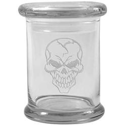 Clear 8 oz Glass Herb Stash Jar and Lid with Evil Skull Logo from Smoke Promos