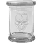 Clear 8 oz Glass Herb Stash Jar and Lid with Evil Skull Logo from Smoke Promos