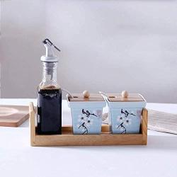 Kitchen seasoning box/Ceramic Condiment Storage Container with Bamboo Wood Tray Glass Seasoning jar Oil Pot Bottle 23 8.3 20cm