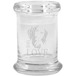 Clear Glass Herb Stash Jar with Lid 2.75 oz with Bob Marley Logo from Smoke Promos