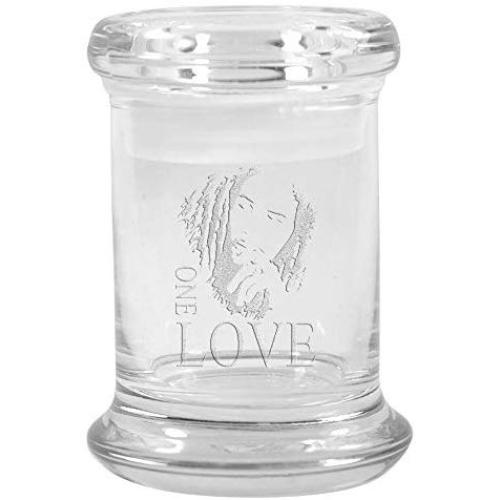 Clear Glass Herb Stash Jar with Lid 2.75 oz with Bob Marley Logo from Smoke Promos