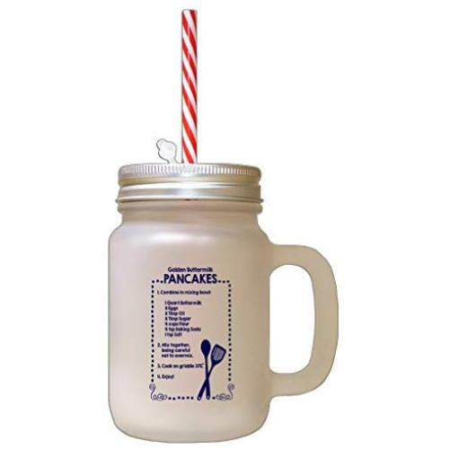Navy Golden Buttermilk Pancakes Kitchen Recipe Frosted Glass Mason Jar With Straw