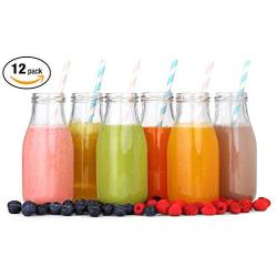 12 Pack - 11 Oz Glass Milk Bottles, 24 Metal Twist Lids and 12 Colorful Paper Straws - Reusable Vintage Dairy Bottles- Milk Bottles for Parties, Weddings, BBQ, Picnics.