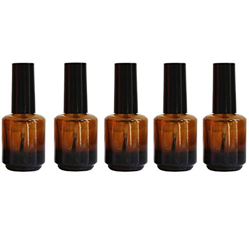 5 Pcs Upscale Amber Glass Nail Polish Bottle Empty Refillable Nail Oil Container with Black Lid Soft Brush Storage Jar Dispensing Vial for Travel Home Use (15ML/0.5OZ)