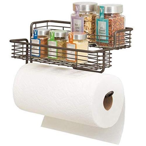 mDesign Wall Mounted Metal Paper Towel Roll Holder/Dispenser Rack Organizer with Two Tier Shelves for Glass Spice Bottles Jars for Kitchen and Pantry Storage - Bronze