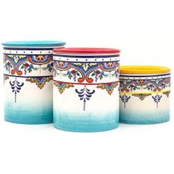 Euro Ceramica Zanzibar Collection Vibrant Ceramic Kitchen Canisters, 3 Piece Set, Spanish Floral Design, Assorted Sizes, Multicolor