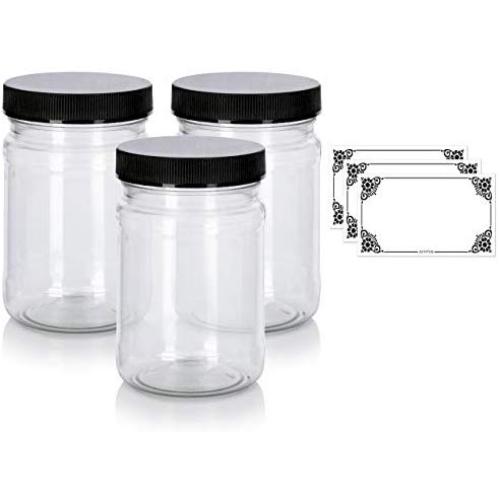 6 oz Clear PET Spice Bottle with Black Ribbed Cap (3 pack) + Labels