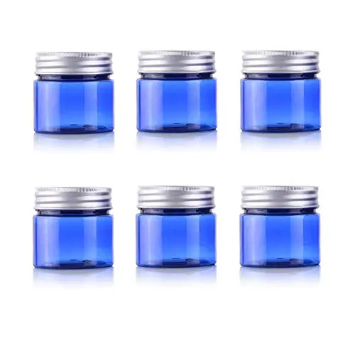 6 Pièces Pots Remplissables de 50ml - Flacons Bleus en PET avec Couvercle Aluminium et Anneau Intérieur pour Stockage Échantillons Maquillage Lotion Crème Visage Masque Ointment