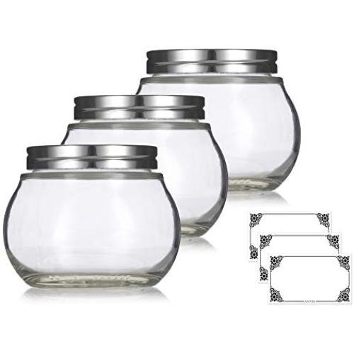 Clear 8 oz / 220 ml Round Glass Jar with Silver Metal Lid (3 pack) + Labels - for Home Storage and Organization, Kitchen, Wedding and Shower Gifts