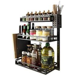 LYNNTLJ 3-Tier Kitchen Countertop Organizer Holder Rack,Multifunction Stainless Steel Spice Rack,for Spice Jar and Bottle Storage, Black / 41.2x22x55.5cm