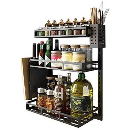 LYNNTLJ 3-Tier Kitchen Countertop Organizer Holder Rack,Multifunction Stainless Steel Spice Rack,for Spice Jar and Bottle Storage, Black / 41.2x22x55.5cm