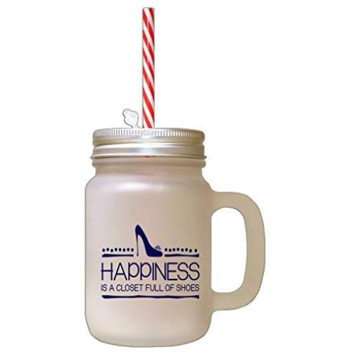 Navy Happiness Is Closet Full Of Shoes Frosted Glass Mason Jar With Straw