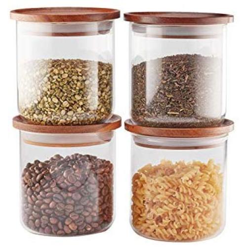 Essos Glass Jars with Wood Lids Set (4) of 22oz Airtight and Stackable Storage Containers for the Kitchen or Pantry holds Food Cookies Coffee Pasta