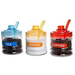 Red Co. Kitchen Glass Food Canister, Sugar Coffee Tea Glass Storage Containers with Multicolor Lids and Serving Spoons, Set of 3