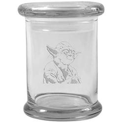 Clear 8 oz Glass Herb Stash Jar and Lid with Yoda Logo from Smoke Promos