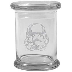 Clear 8 oz Glass Herb Stash Jar and Lid with Storm Trooper Logo from Smoke Promos