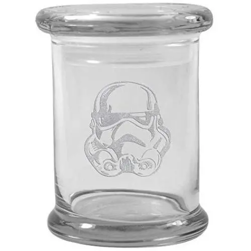 Klarer 8 oz Glas Kräuterdunstbehälter mit Deckel und Stormtrooper-Logo von Smoke Promos