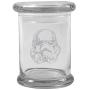 Clear 8 oz Glass Herb Stash Jar and Lid with Storm Trooper Logo from Smoke Promos