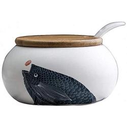 Vintage Japanese Style Carp Ceramic Sugar Bowl Salt Spice Pot Pepper Storage Jar Seasoning Pot Container Condiment Box with Wooden Lid and Spoon for Home Kitchen