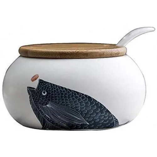 Vintage japanischer Stil Karpfen Keramik Zuckerbehälter Salz Pfeffer Speisemittel Lagerbehälter mit Holhlebe und Löffel für Küche und Haushalt