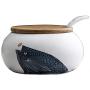 Vintage Japanese Style Carp Ceramic Sugar Bowl Salt Spice Pot Pepper Storage Jar Seasoning Pot Container Condiment Box with Wooden Lid and Spoon for Home Kitchen