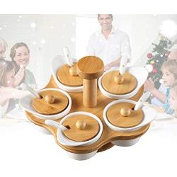 Ceramic Spice containers, 5Stück Set Wood Gewürzrack Spice pots with Spoons Cover Storage jar Spice