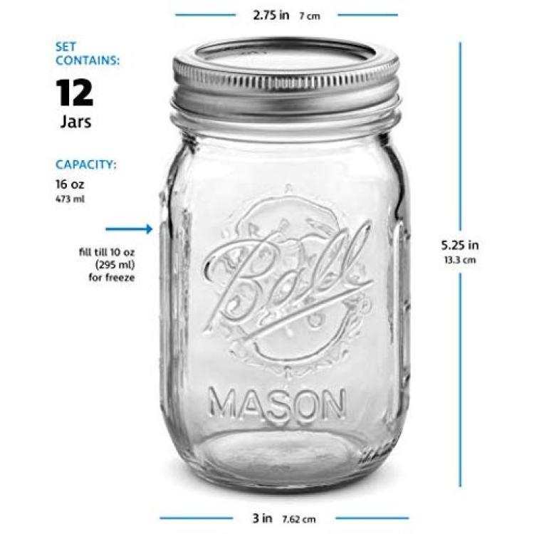 Ball Wide Mouth Mason Jars (16 oz/Capacity) [4 Pack] with Airtight