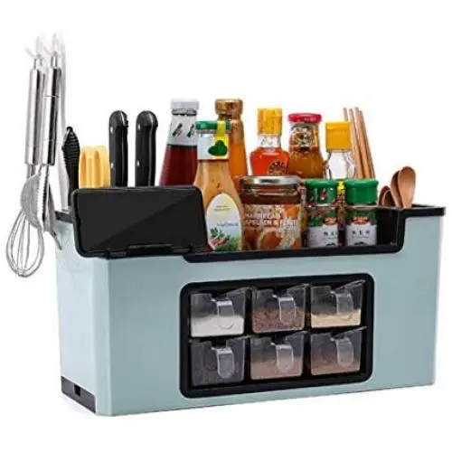 Küchenaufbewahrung, Gewürzflaschenhalter, Schürzholder, Küchenbürze, Becher Organizer, Box - Blau
