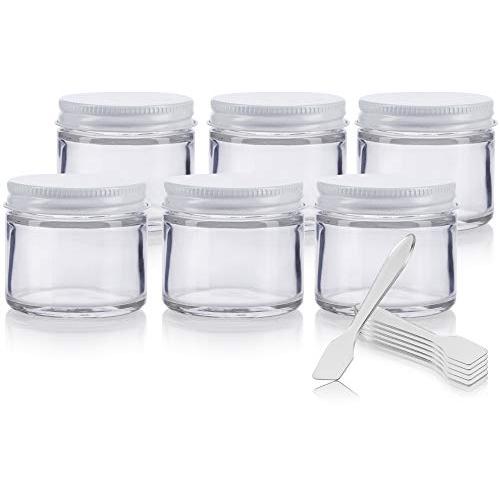 Clear Thick Glass Straight Sided Jar with multiple color optional Metal Airtight Lid - 2 oz / 60 ml (6 pack) + Spatulas