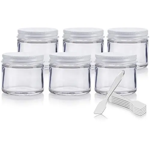 Clear Thick Glass Straight Sided Jar with multiple color optional Metal Airtight Lid - 2 oz / 60 ml (6 pack) + Spatulas