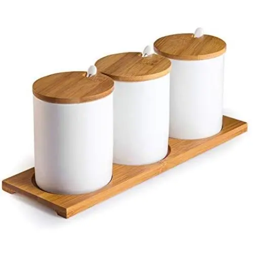 Ceramic Sugar Bowls with Bamboo Lids and Spoons-June Sky Muti-Functional Round Condiment Jar for Home- Spice Storage Canister,10.8 oz 320 ML,3 Pcs Set