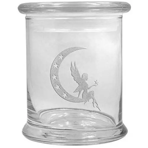 12 oz Clear Glass Herb Stash Jar and Lid with Fairy & Moon Logo 12 oz Clear Glass Herb Stash Jar and Lid with Fairy & Moon Logo