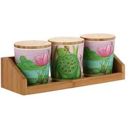 THUN Set of 3 Spice Jars Fresh Water Line Spice 300 ml H 9.5 cm Bamboo Paste Wood Stand 28 x 10.5 cm, Multicoloured