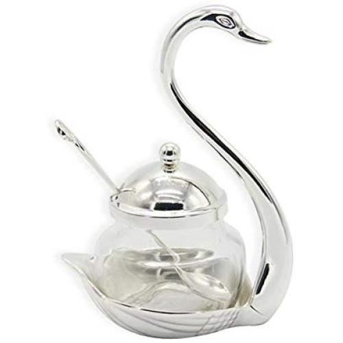 Moligh doll Aluminum alloy Condiment Pot Seasoning Container Spice Glass Jar Salt Sugar Bowl Pepper Coffee Storage Organizer Swan Rack Set Silver