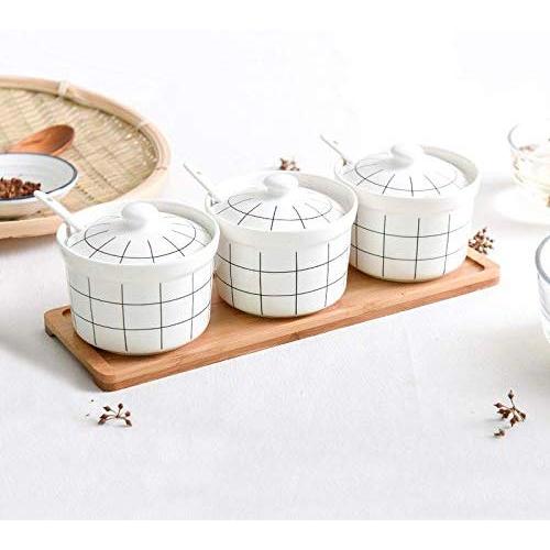 Ceramic Spice Jars Sugar Storage Container with Serving Spoons and Ceramic Lids for kitchen