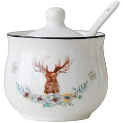 Ceramics Elk Print Sugar Salt Storage Jar Seasoning Pot with Lid and Spoon