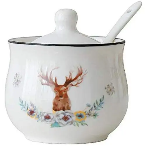 Bocal de Conserve pour Sucre et Sel avec Motif Élan en Céramique, Couvercle et Cuillère Bocal de Conserve pour Sucre et Sel avec Motif Élan en Céramique, Couvercle et Cuillère
