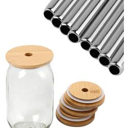 YiZYiF Reusable Bamboo Bottle Caps Lids Mason Jars Oil Infusions Lid with 8Pcs Long Drinking Straws and 2Pcs Free Cleaning Brush for Canning Drinking Jars Silver&Wood Color Multi